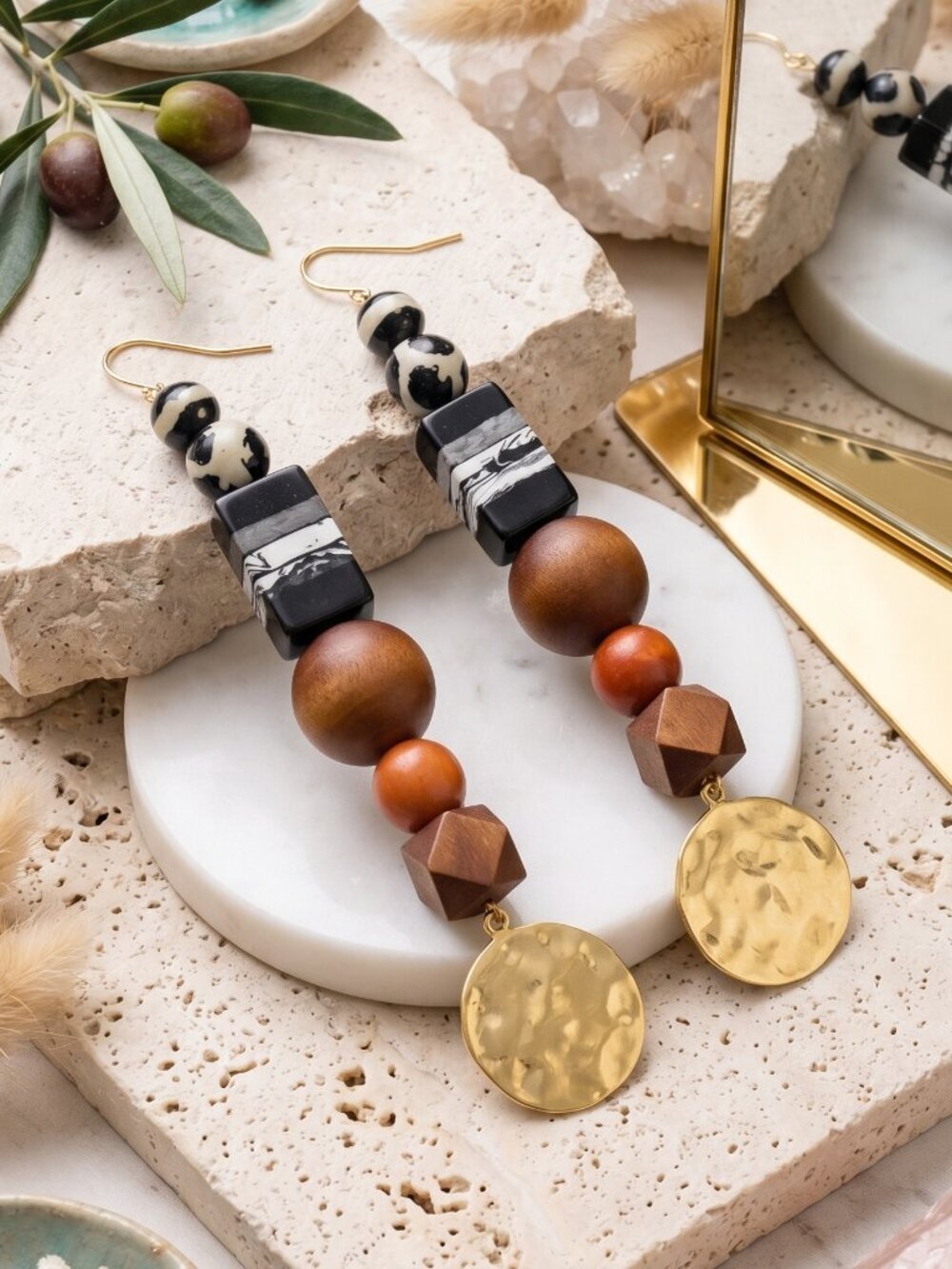 Boho Wood Bead Statement Dangle Earrings 14K Gold Plated Disc Brown 4.8"